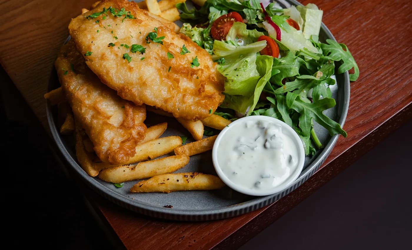 Fish and chips with garden salad