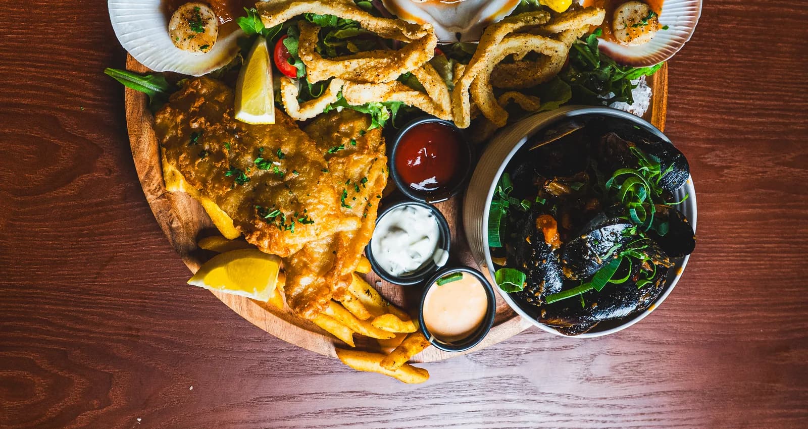 An overhead view of The Old Forge seafood platter for sharing